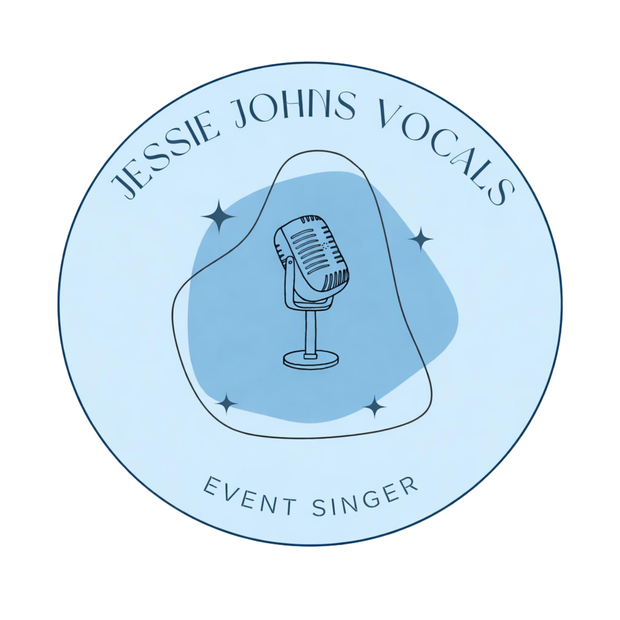 Close-up of a circular logo with text 'JESSIE JOHNS VOCAL EVENT SINGER' and an illustration of a microphone in the center.