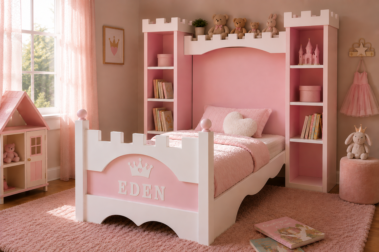 Pink and white custom children's bedroom with princess-style kids bed and furniture.