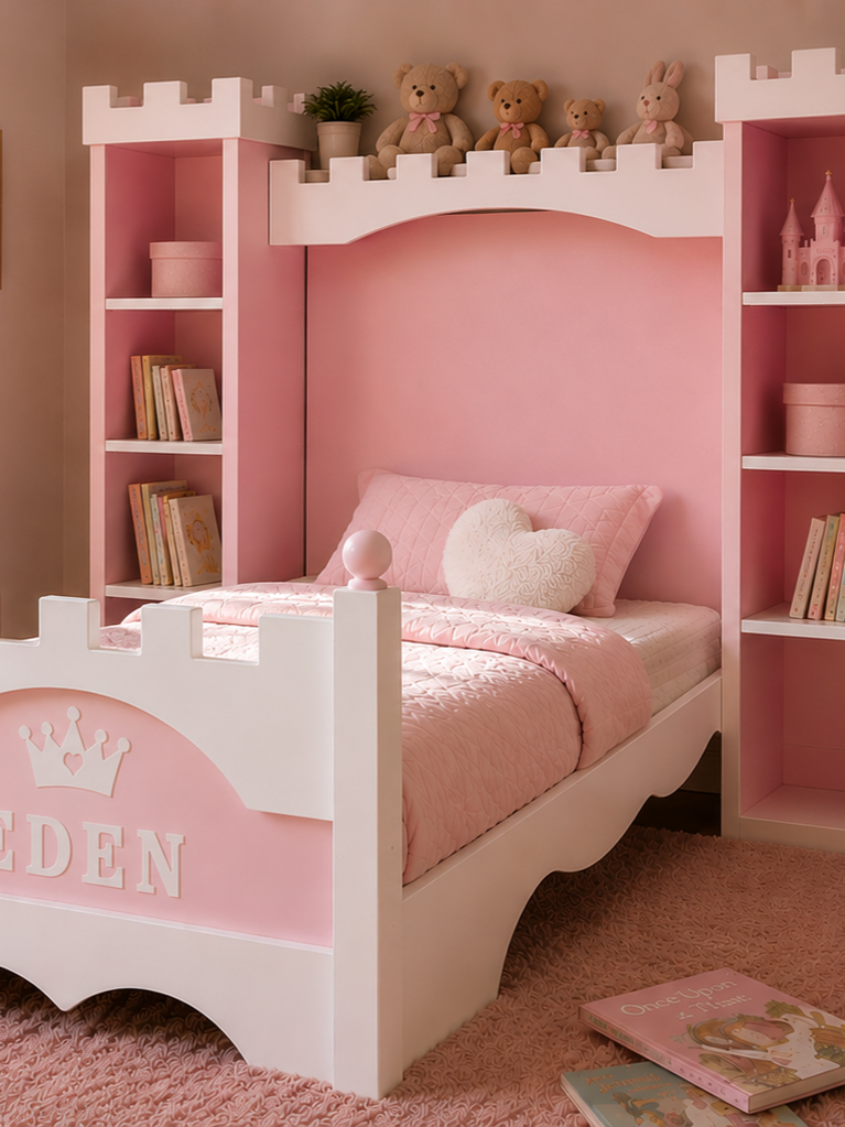 Pink and white castle-style custom children's bed with built-in shelves