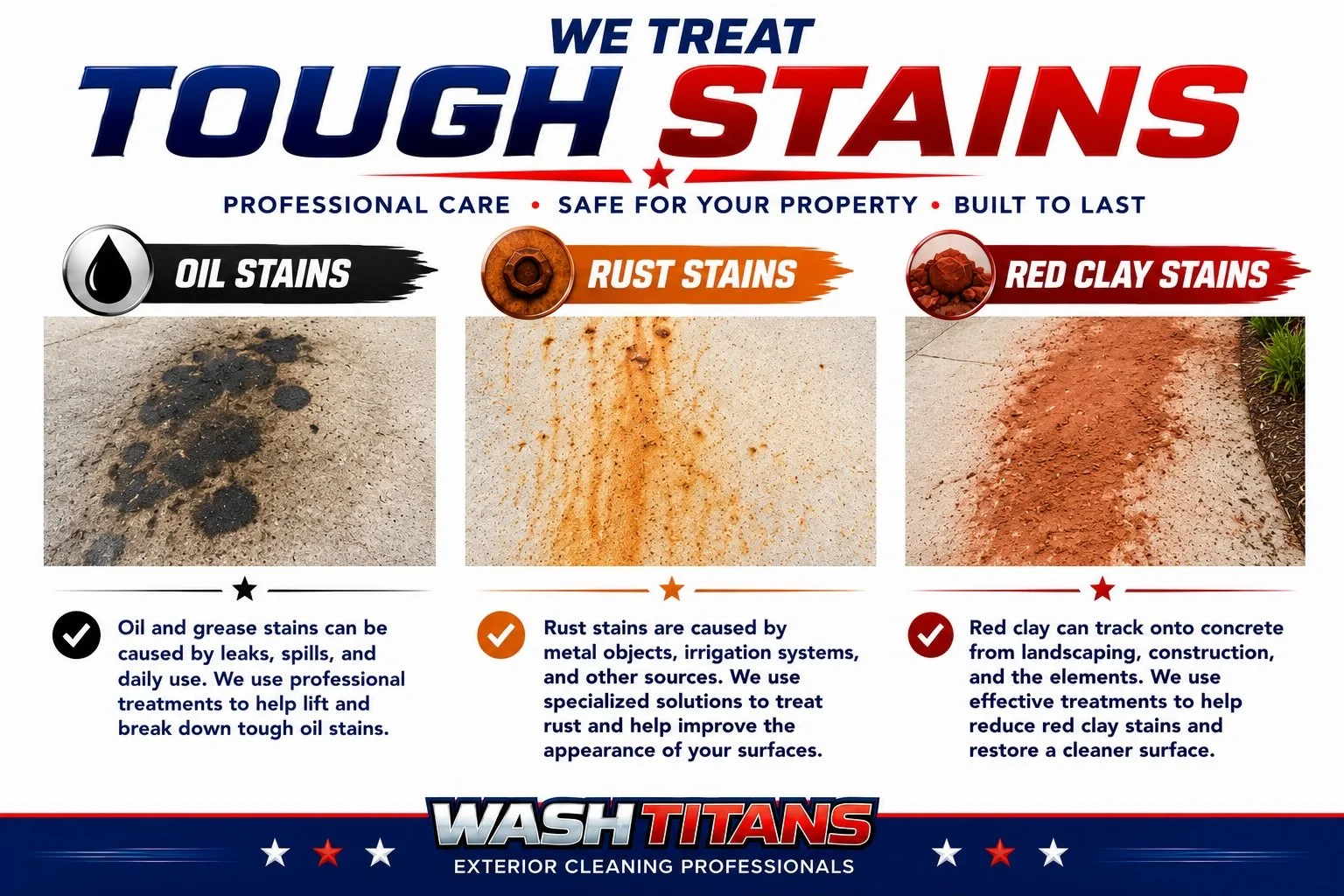 Wash Titans professional stain removal services for oil stains, rust stains, and red clay stains on concrete driveways, sidewalks, and exterior surfaces.