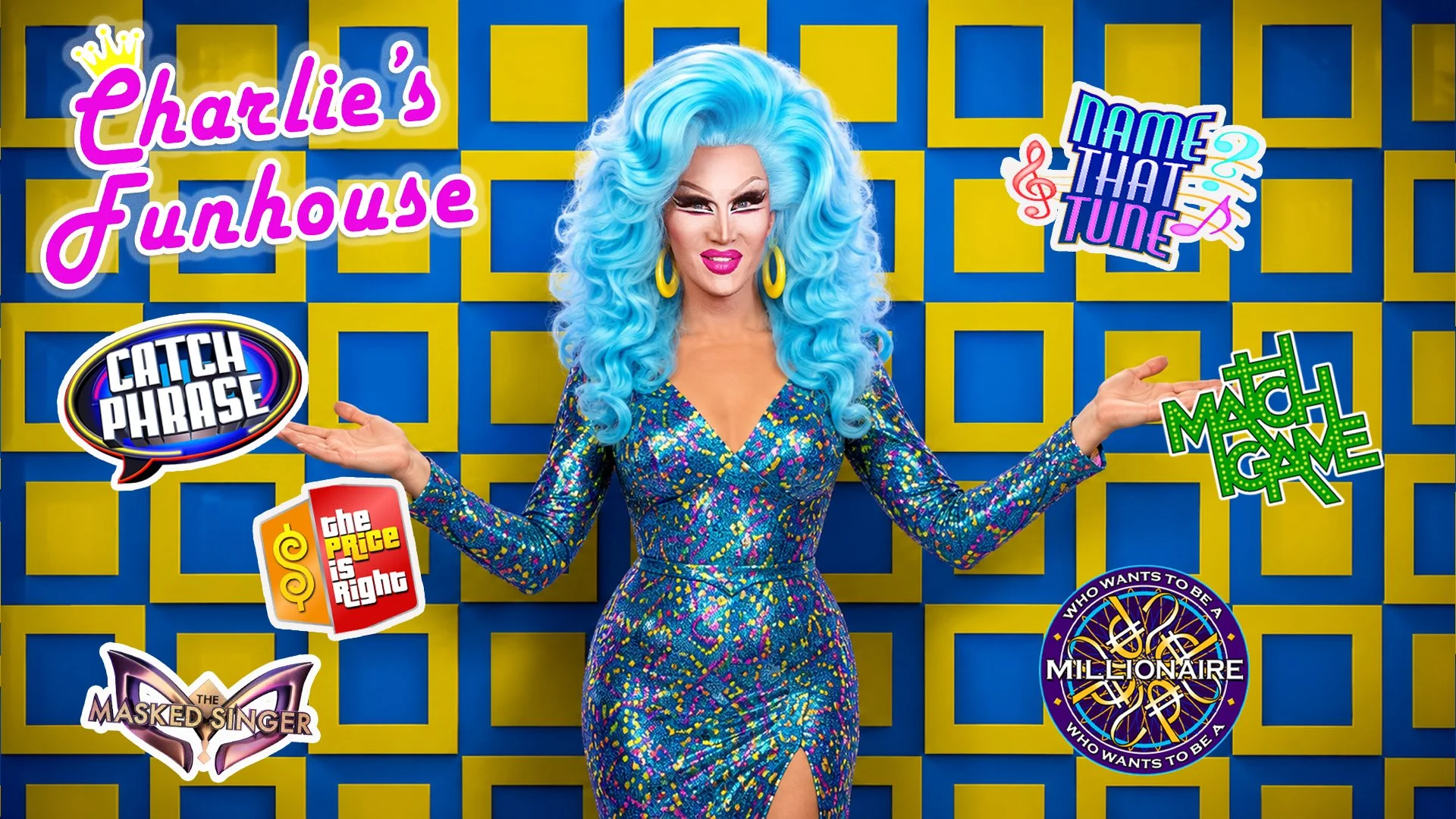A Drag queen with bright blue hair styled in voluminous curls, wearing a shiny, multicolored sequined dress with a slit, stands in front of a blue and yellow geometric background, surrounded by colorful game show logos and text.