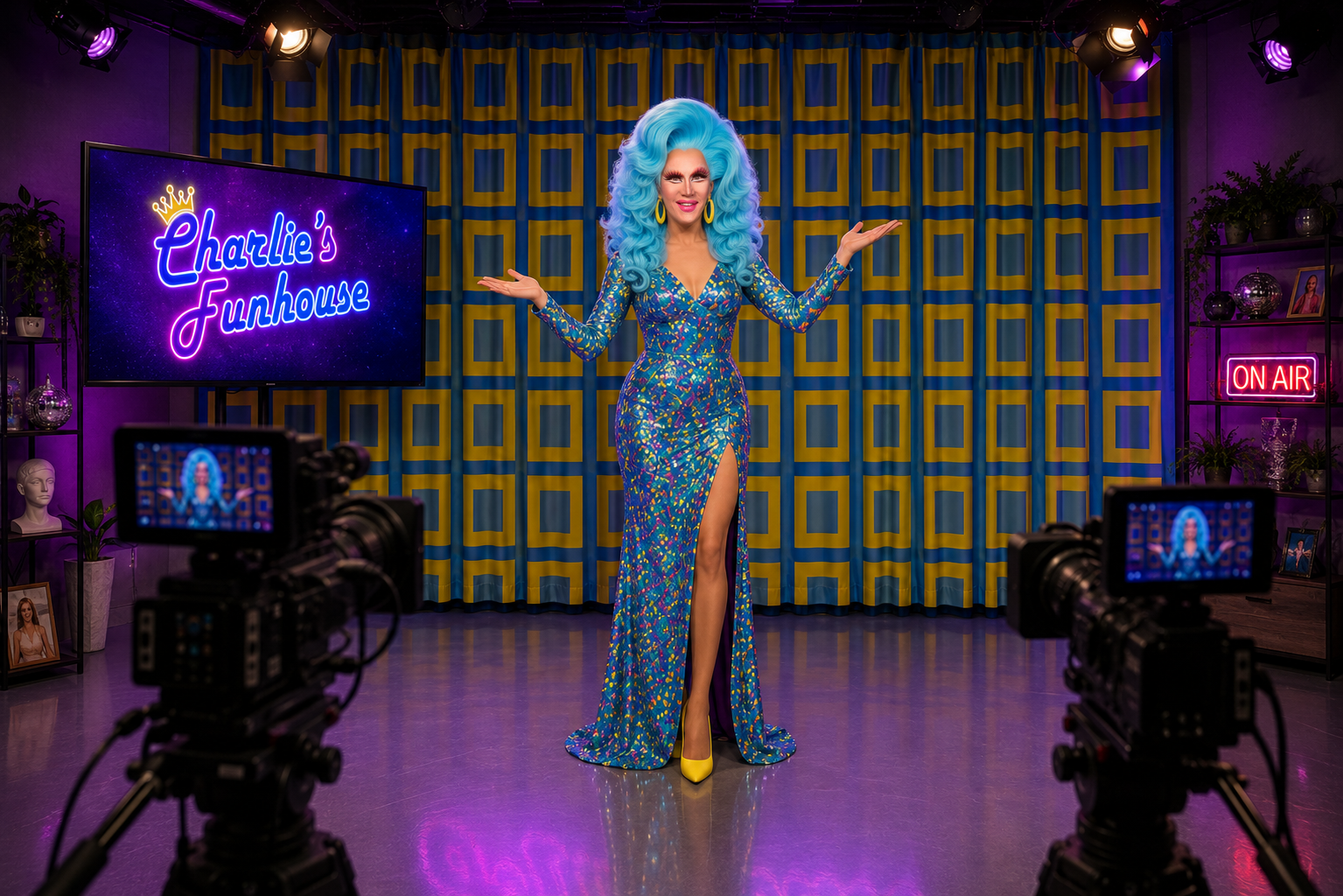 A drag queen in a colorful, sequined gown with a high slit is on a stage in a recording studio. The background features a patterned blue and yellow curtain. There are two cameras in the foreground, recording her. The studio has neon signs, one says 'Charlie’s Funhouse' on a television screen, and another says 'ON AIR'. Shelves with plants, framed photos, and decorative objects are on either side of the stage.