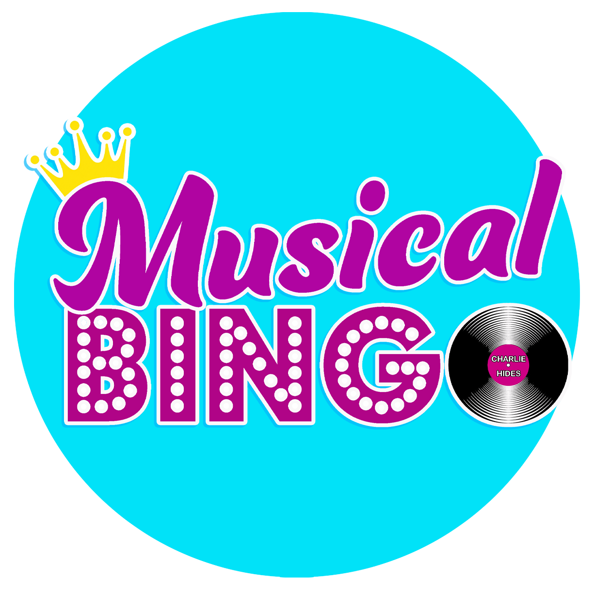 Colorful logo for 'Musical BINGO' featuring purple and white text, a yellow crown, a black vinyl record with pink label reading 'Charlie Hides', all on a bright blue background.