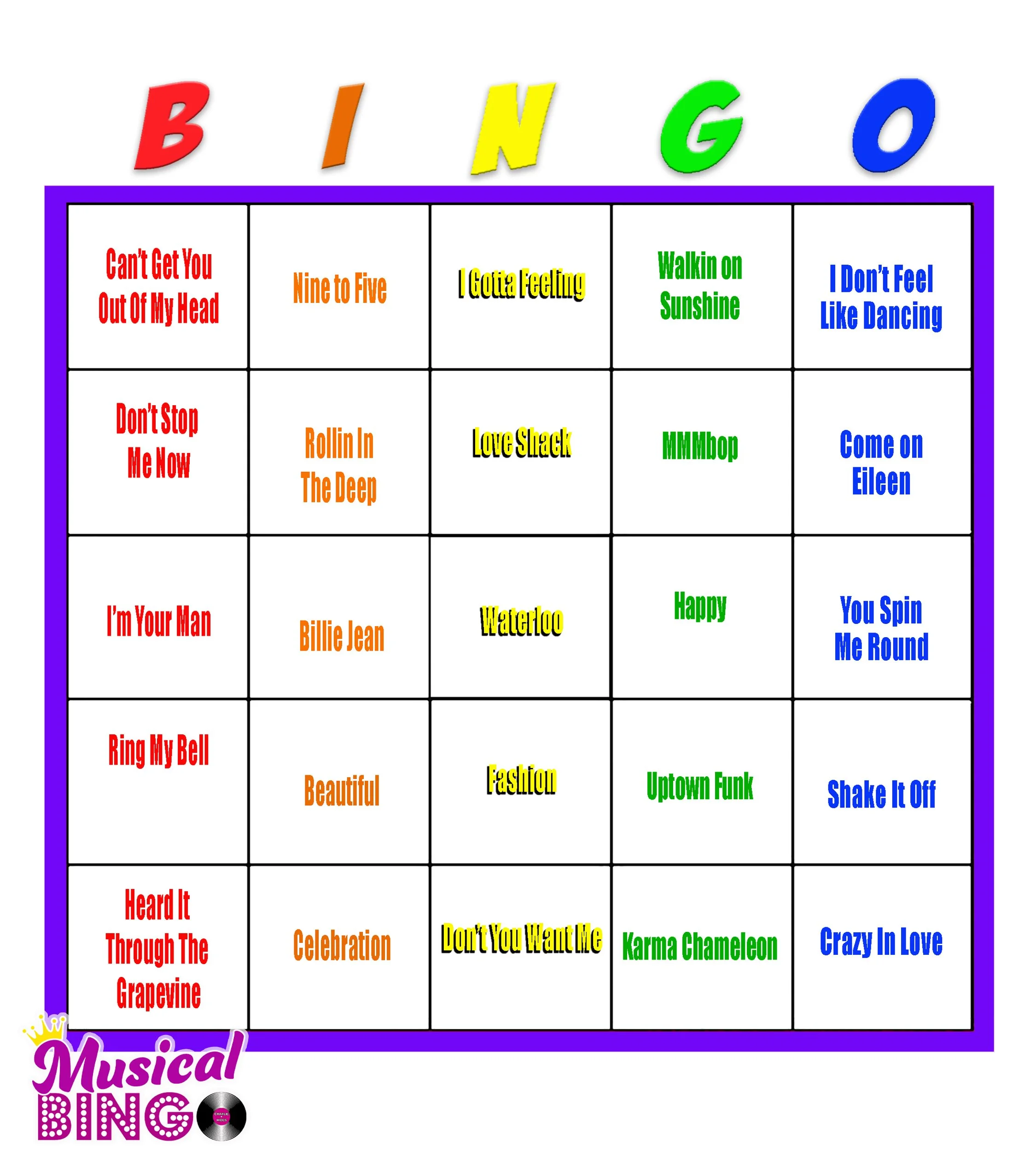 Colorful musical bingo card with song titles in different colors, featuring a purple border and decorative elements at the bottom.