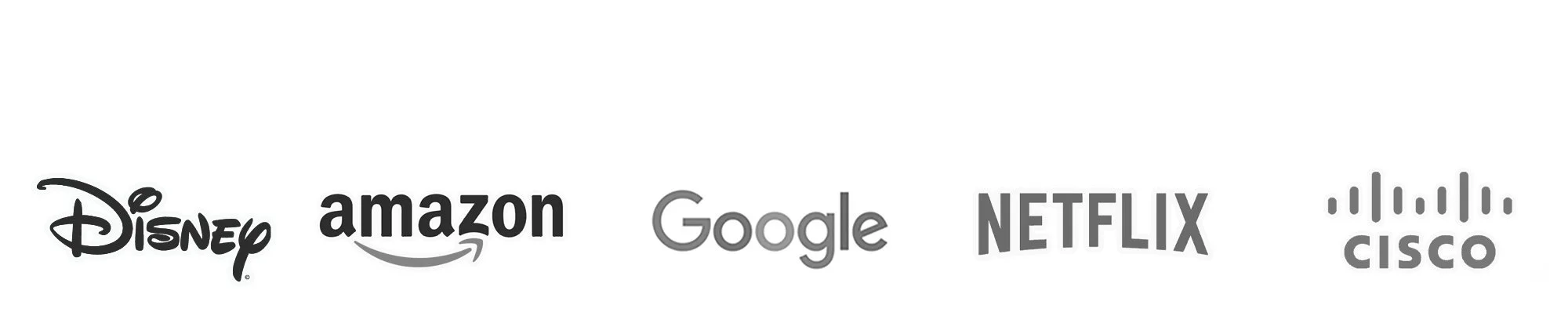 Logos of Disney, Amazon, Google, Netflix, and Cisco in gray.