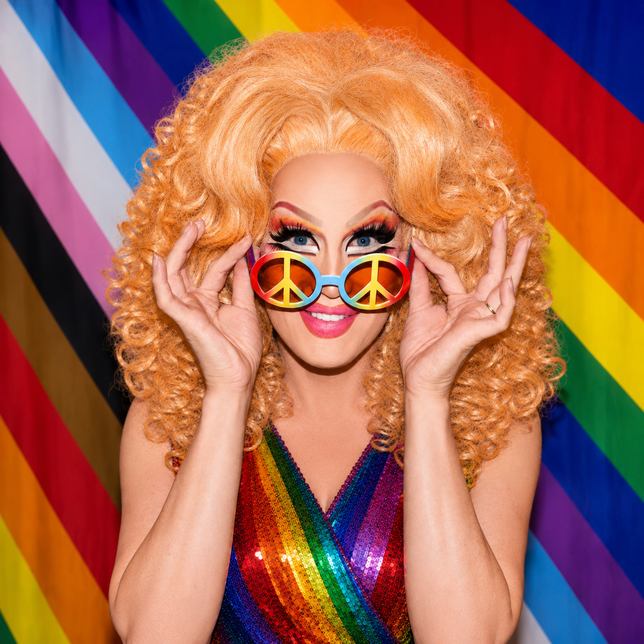 A drag queen with curly blonde hair, colorful makeup, and a rainbow sequin dress, wearing rainbow peace sign sunglasses, standing in front of a rainbow pride flag.