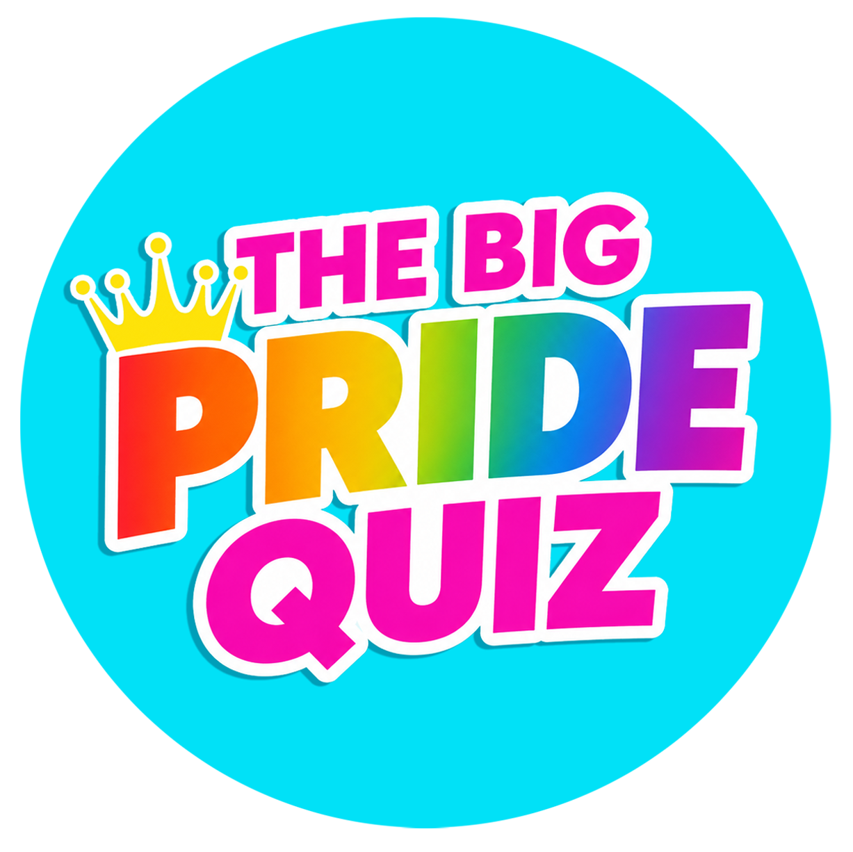 Colorful logo for 'The Big Pride Quiz' featuring rainbow-colored text, a yellow crown on the word 'Pride,' and a bright blue background.