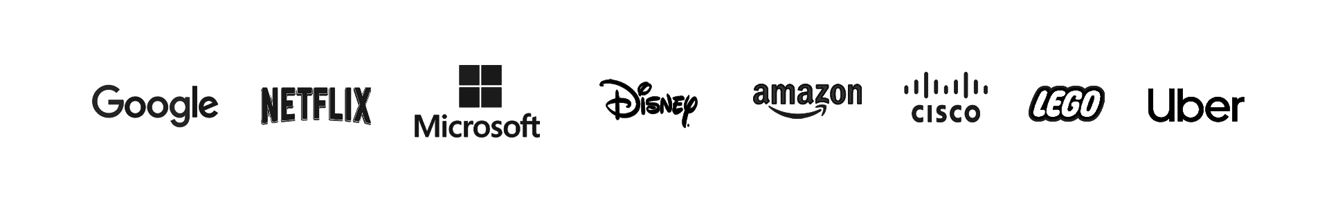 Logos of Google, Netflix, Microsoft, Disney, Amazon, Cisco, LEGO, and Uber