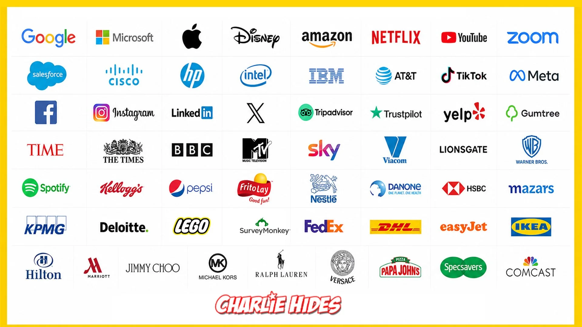 A collage of logos of various global brands and companies, organized in rows. The brands include Google, Microsoft, Apple, Disney, Amazon, Netflix, YouTube, Zoom, Salesforce, Cisco, HP, Intel, IBM, AT&T, TikTok, Meta, Facebook, Instagram, LinkedIn, TripAdvisor, Trustpilot, Yelp, Gumtree, TIME, The Times, BBC, MTV, Sky, Warner Bros., Spotify, Kellogg's, Pepsi, FritoLay, Nestle, Danone, HSBC, Mazars, KPMG, Deloitte, LEGO, SurveyMonkey, FedEx, DHL, easyJet, IKEA, Hilton, Marriott, Jimmy Choo, Michael Kors, Ralph Lauren, Versace, Pizza Papa John’s, Specsavers, Comcast, and Charlie Hides.