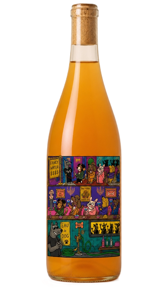 A bottle of orange-colored liquid with a colorful cartoon-style label featuring various animals, including dogs and rabbits, in a bar or social setting with signs and drinks.