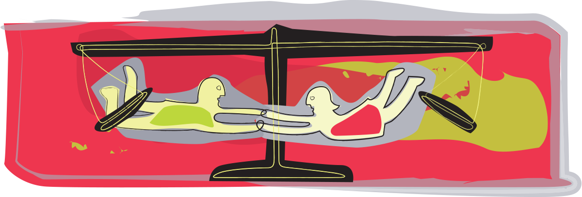 Abstract drawing of Lady Justice holding a balanced scale with a sword, with a red background and suggesting a concept of justice.