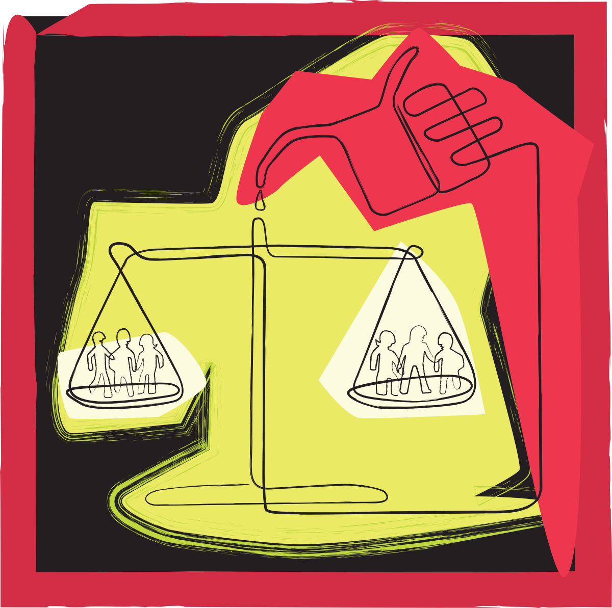 A red hand holds a scale with two plates, each containing three people, against a black background with yellow highlights.