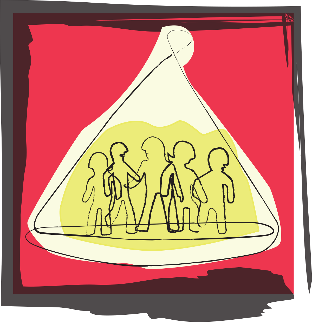 A drawing of a group of people inside a human triangle, illuminated by a yellow light, with a red background.