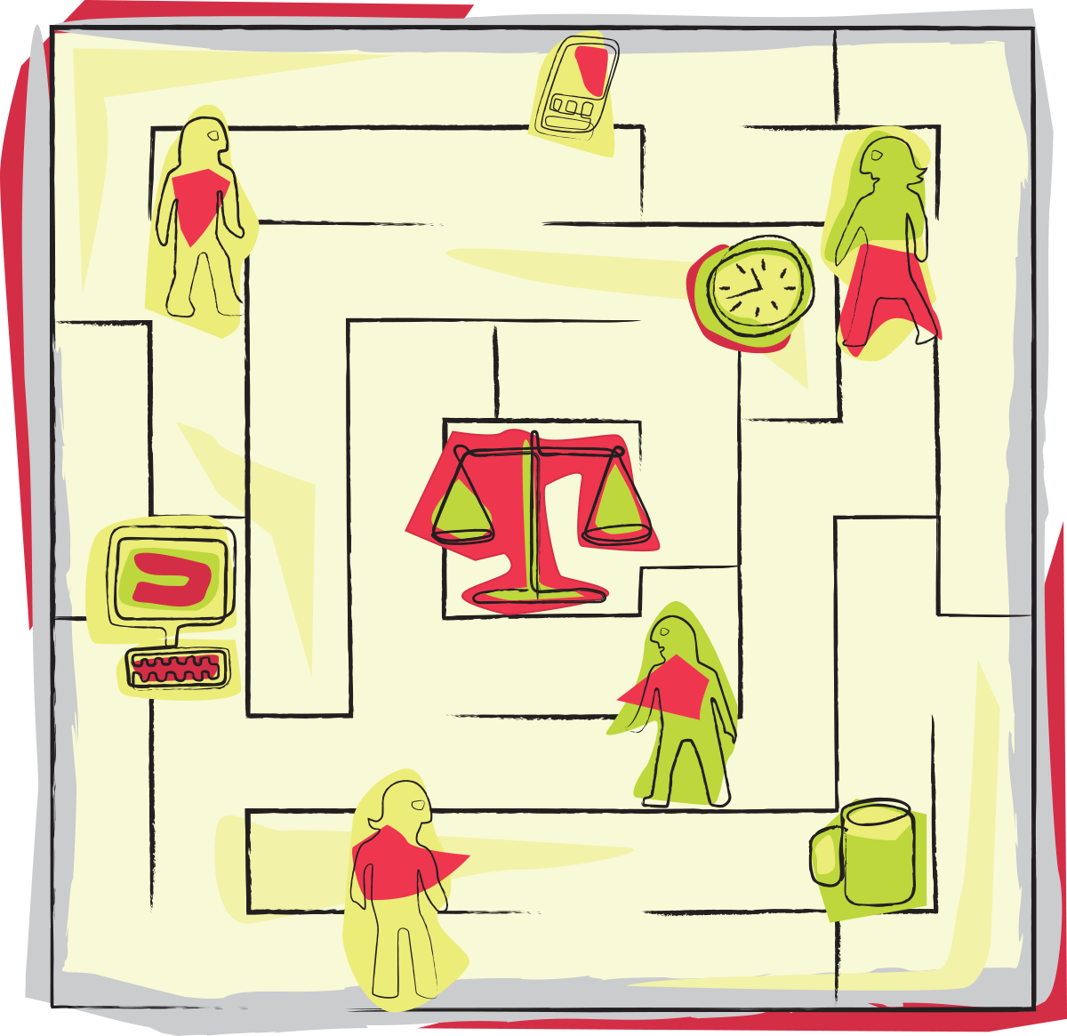 An illustration of various objects and people within a maze layout, including women, a clock, a scale, a mug, a doorbell, and a phone, with a color scheme of red, yellow, green, and black outlines.