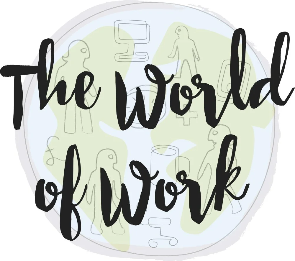 A circular design with light green and white background featuring line drawings of people engaging in various medical and health-related activities. Overlaid is the phrase 'the word of work' in bold, black, cursive text.