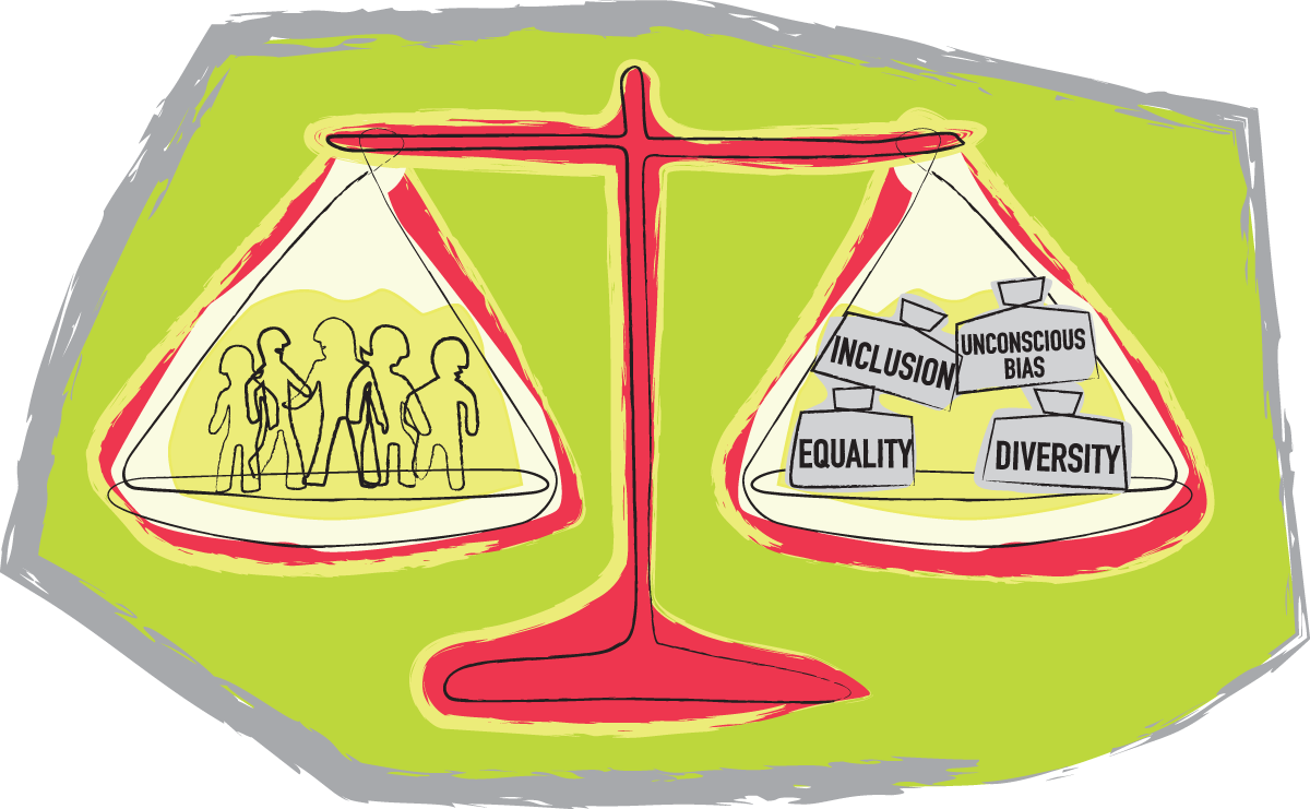 Illustration of a balance scale with diverse group of people on one side and words like inclusion, equality, diversity, unconscious bias on the other side.