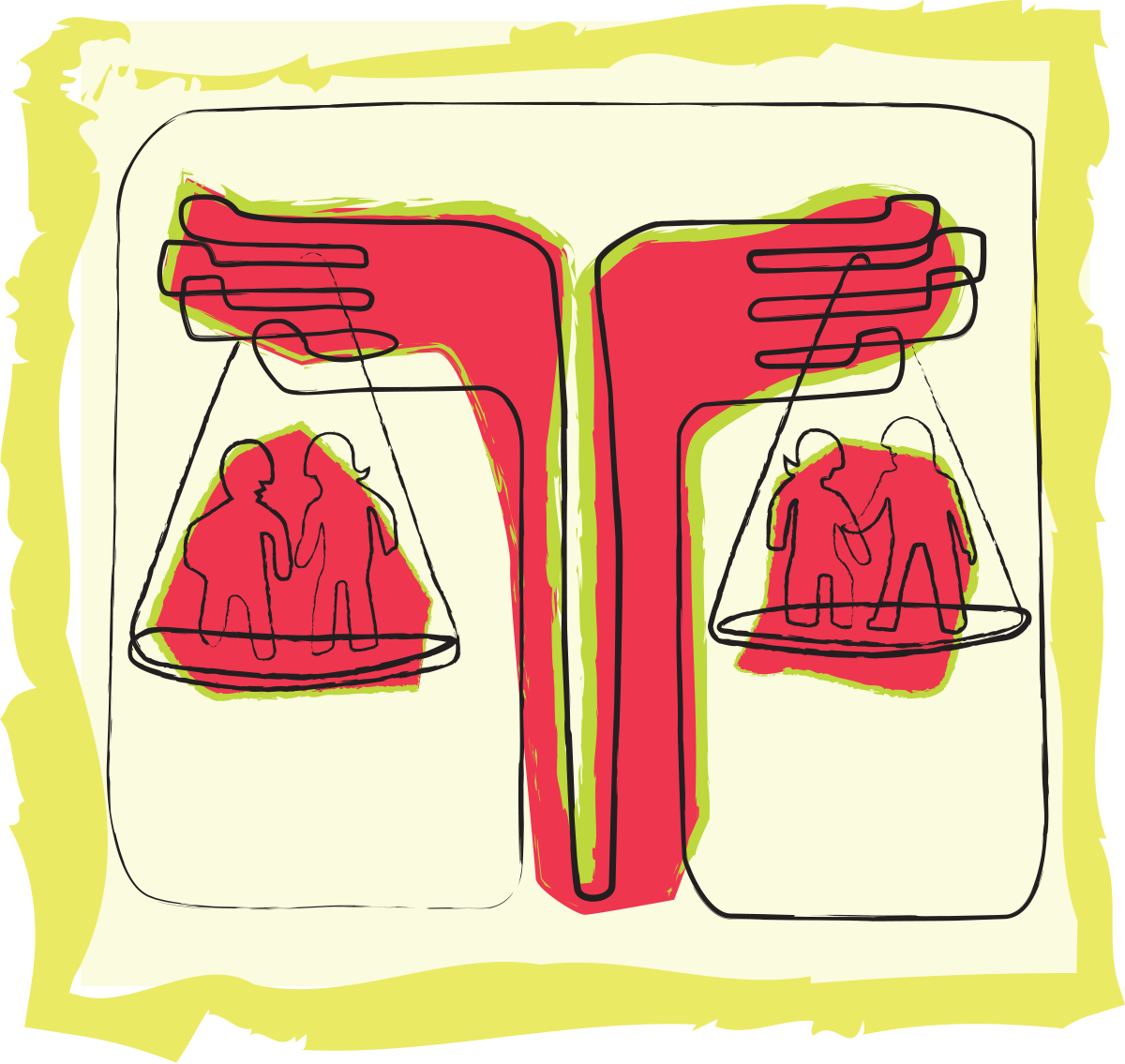 Illustration of a balance scale with two sides, each holding a red circle with two human figures standing on each side of the scale. The background is yellow, and the illustration style is abstract with black outlines and red fill.