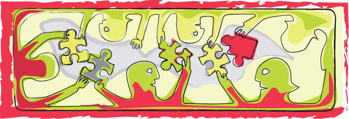 Two abstract human figures playing with connected puzzle pieces inside a rectangular border.