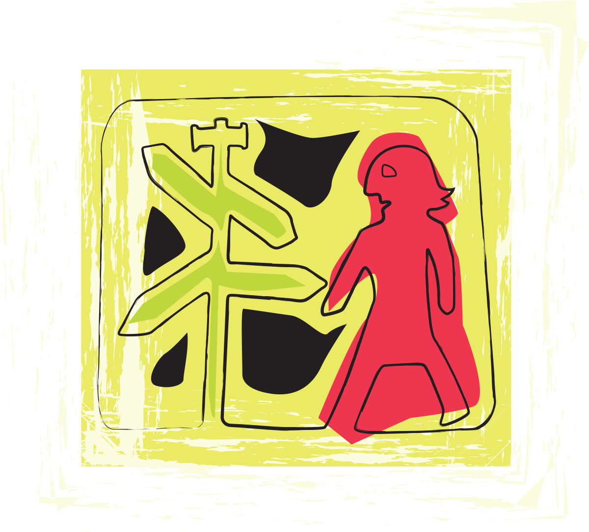 Abstract art illustration with a red female figure, a green signpost, and black shapes on a yellow background, outlined with black lines.