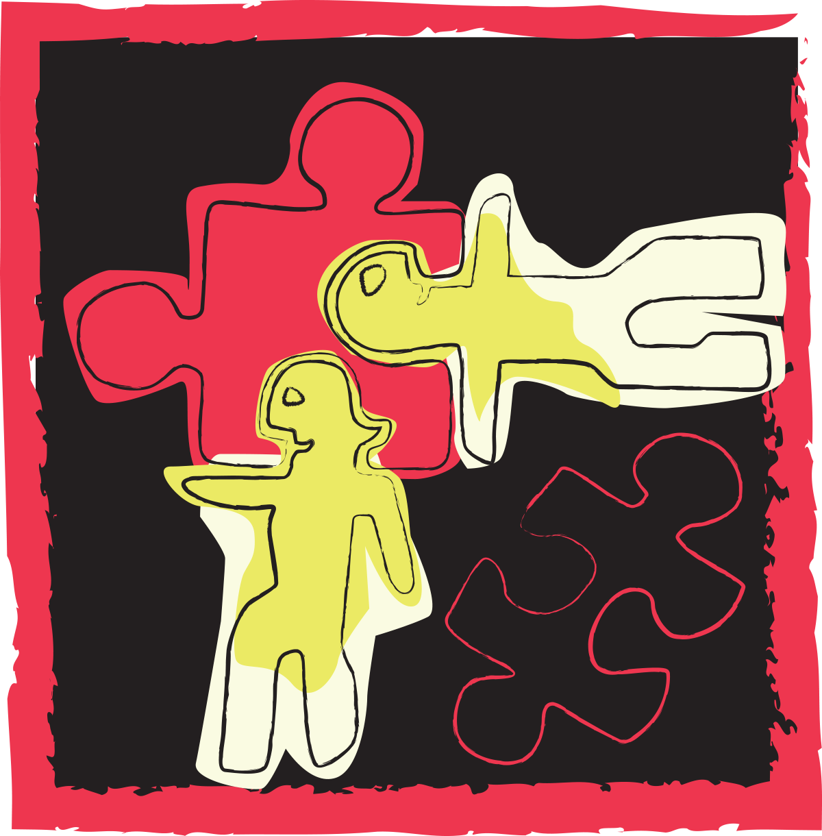 Abstract illustration of four puzzle pieces in yellow, white, red, and black, with two supporting human-like figures, set against a red border and black background.