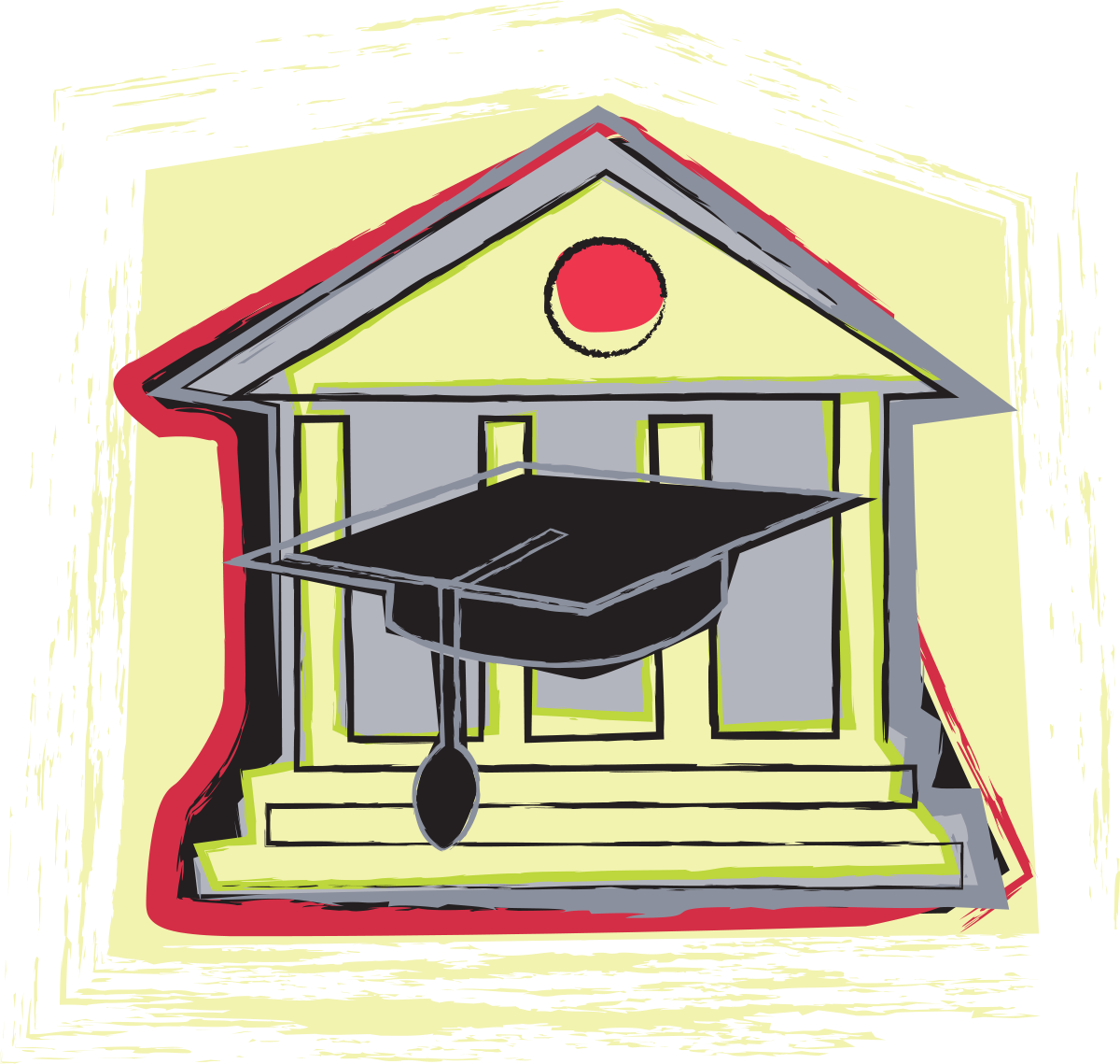 Illustration of a house with a graduation cap hanging on the steps.