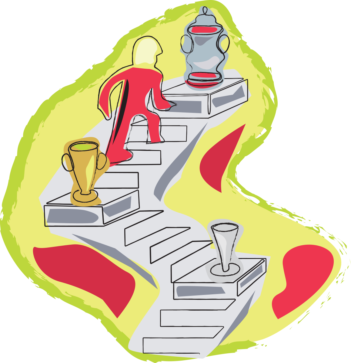 Illustration of a staircase with trophies on each level, a person climbing up the stairs with a red body, set against a yellow background with red and green accents.