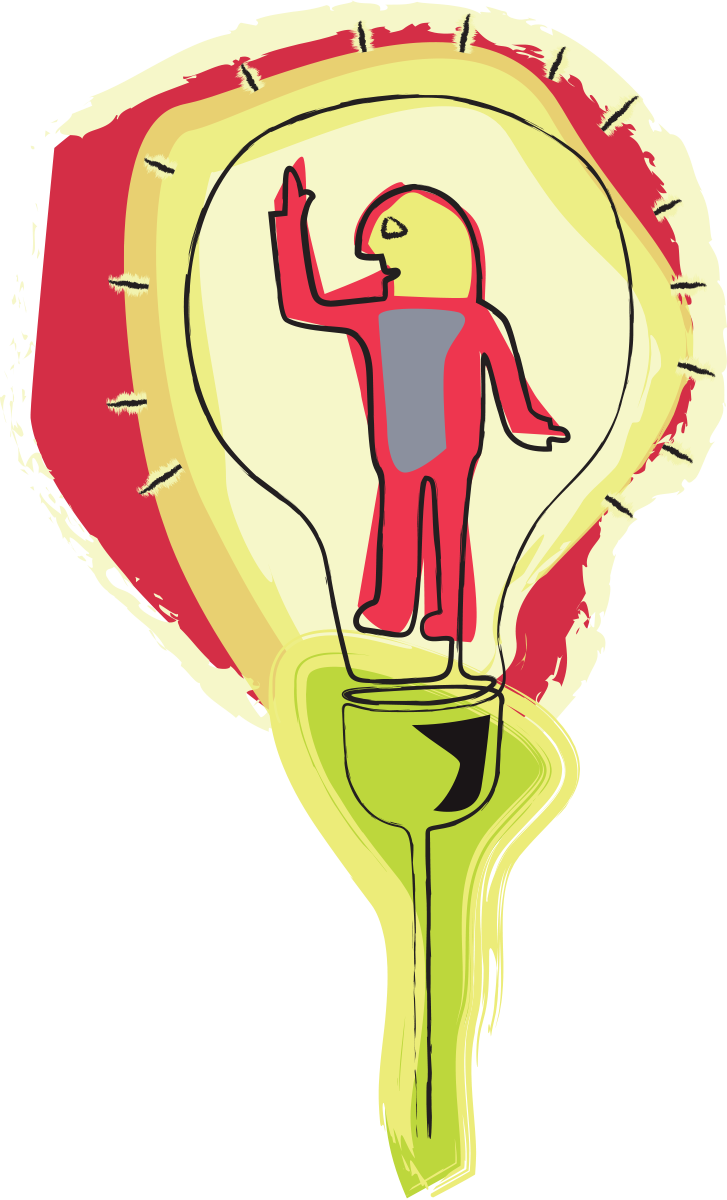 A cartoon-style illustration of a human figure inside a lightbulb.