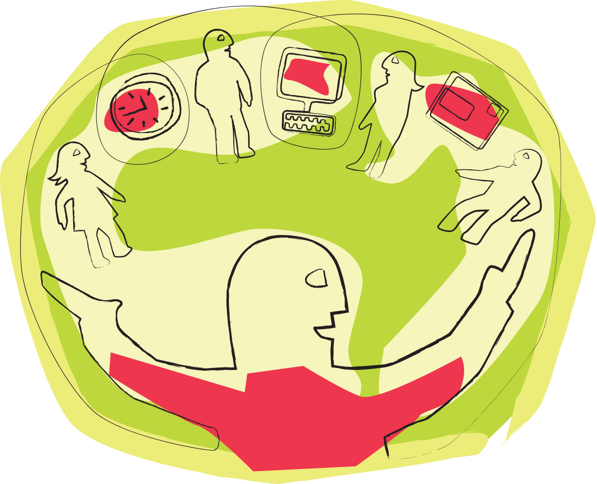 Illustration of a circular room with five people and various objects, including a clock, computer, and red highlighted areas.