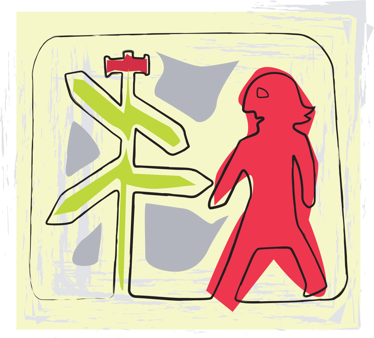 A colorful abstract drawing featuring a large red human figure and a green directional sign with multiple arrows, set against a light yellow background with scattered gray shapes.