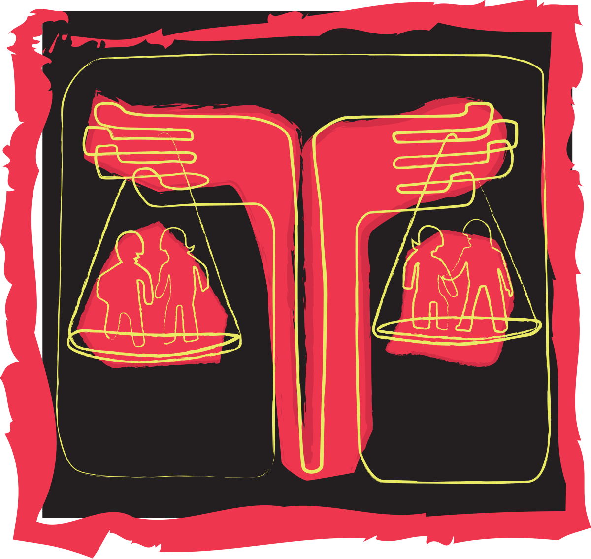 Neon-style illustration of a balance scale with two arms, each holding two human figures, with a red outline and yellow neon lines on a black background.