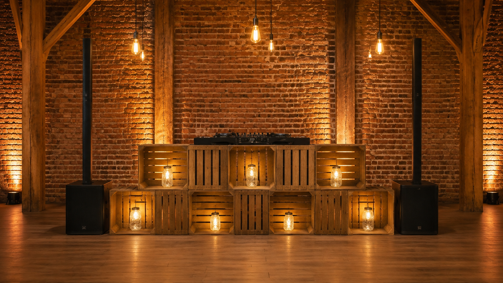 A DJ setup with a turntable and mixer on a wooden crate structure against a brick wall, illuminated by warm hanging lights and mason jars with candles, in a rustic indoor setting.