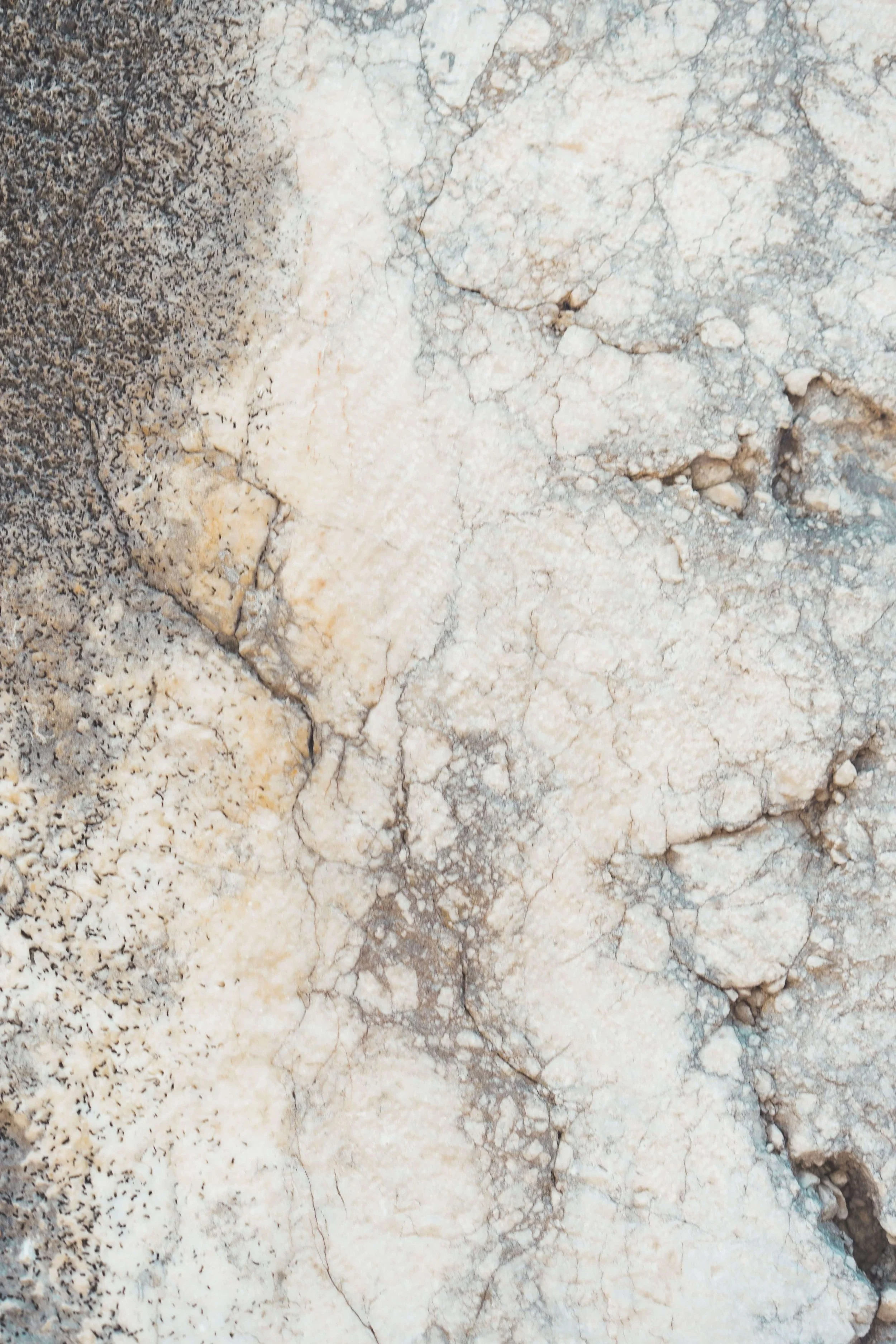 Close-up view of cracked and weathered stone or marble surface with various shades of beige, gray, and off-white.
