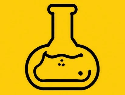 A simple black outline of a laboratory flask filled with a liquid on a yellow background.