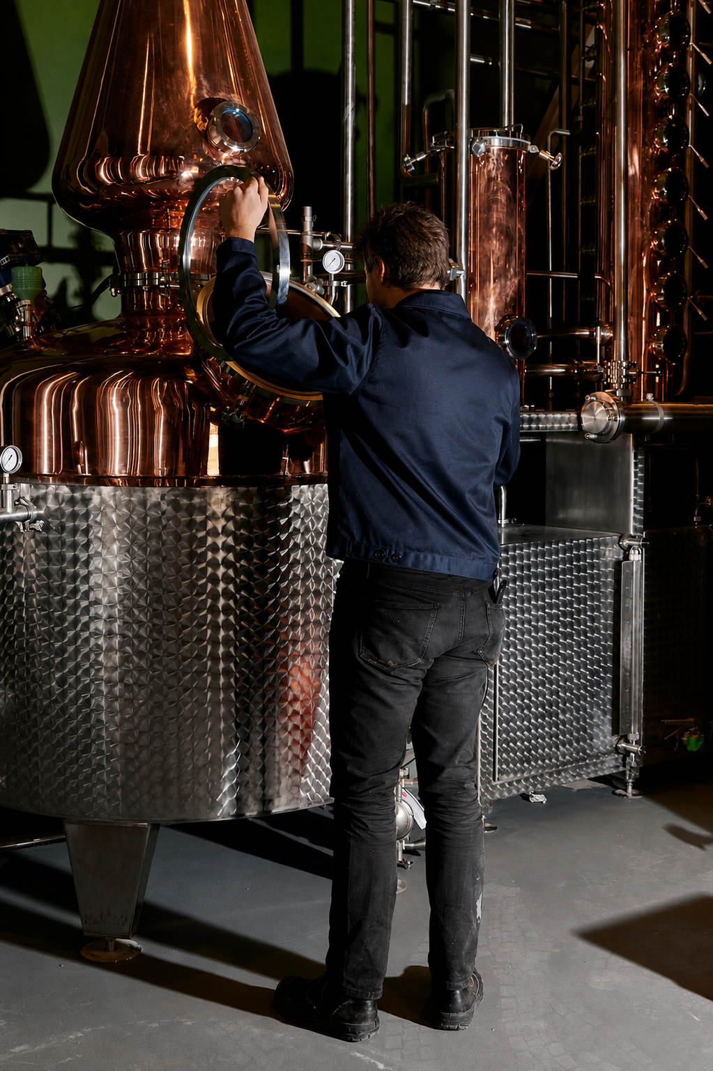 A man operating a large copper still in a distillery, surrounded by metal pipes and equipment.