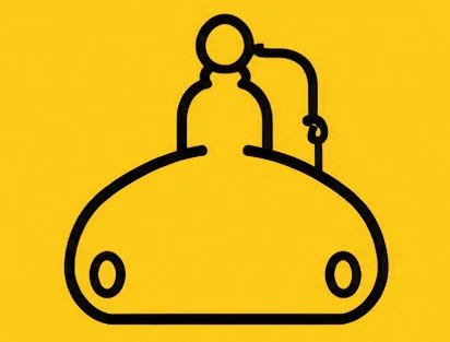 Line drawing of a submarine on a yellow background.