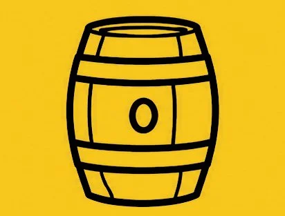 Black outline drawing of a barrel on a yellow background.
