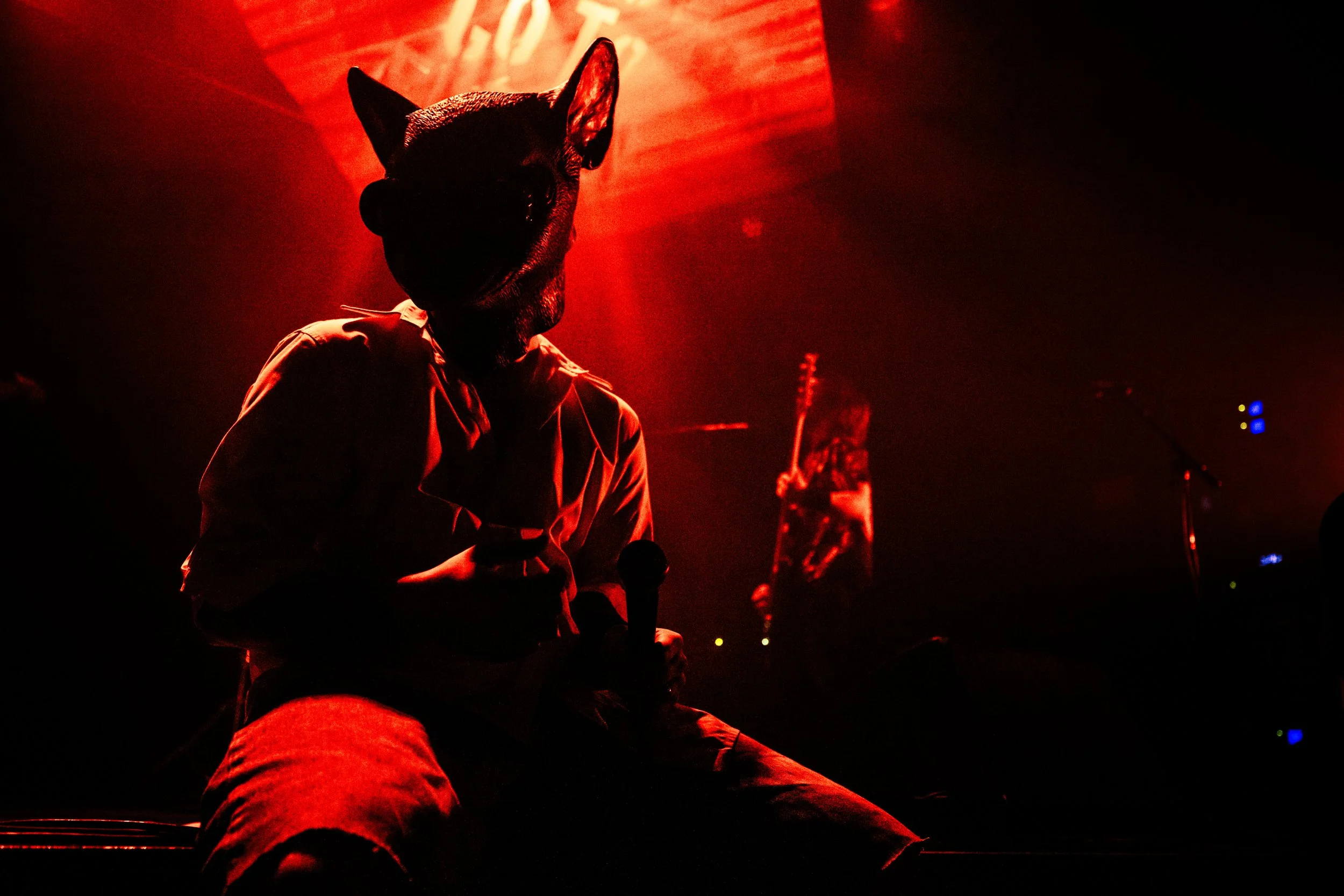Person wearing a wolf mask sitting on stage with a microphone in hand, illuminated by red stage lighting, with a guitarist in the background.