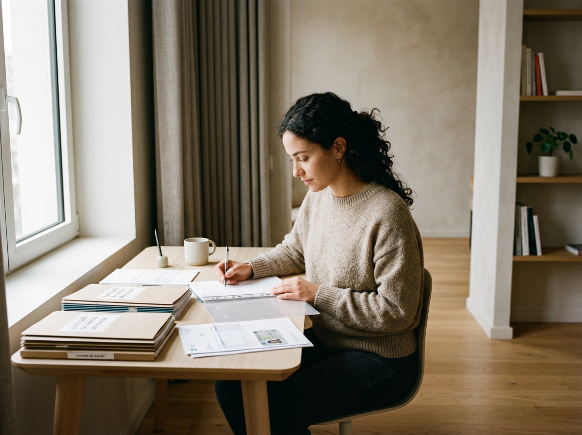 Une femme assise à une table en train de travailler ou de remplir des documents avec des livres, un mug et une tasse à côté, près d'une fenêtre dans une pièce confortable et bien éclairée.