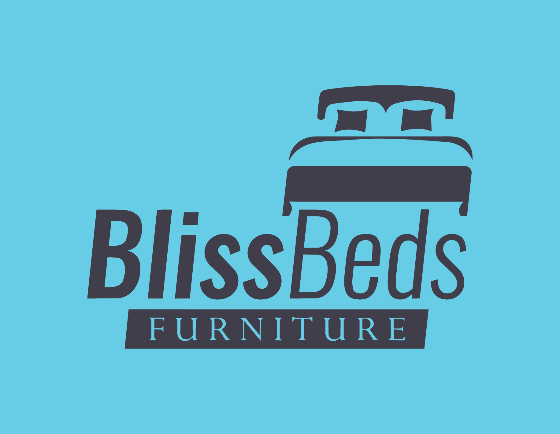 Logo for BlissBedding Furniture with a bed icon in dark gray and the brand name in bold letters on a light blue background.