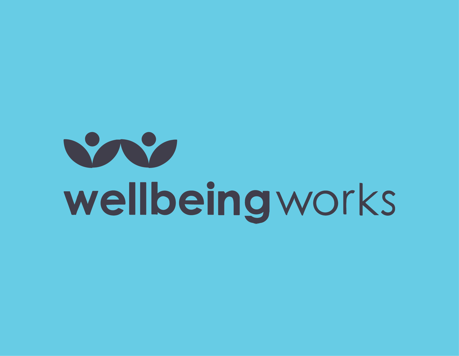 A blue background with a logo consisting of two stylized human figures with leaves for bodies, positioned above the words 'wellbeing works' in lowercase black font.