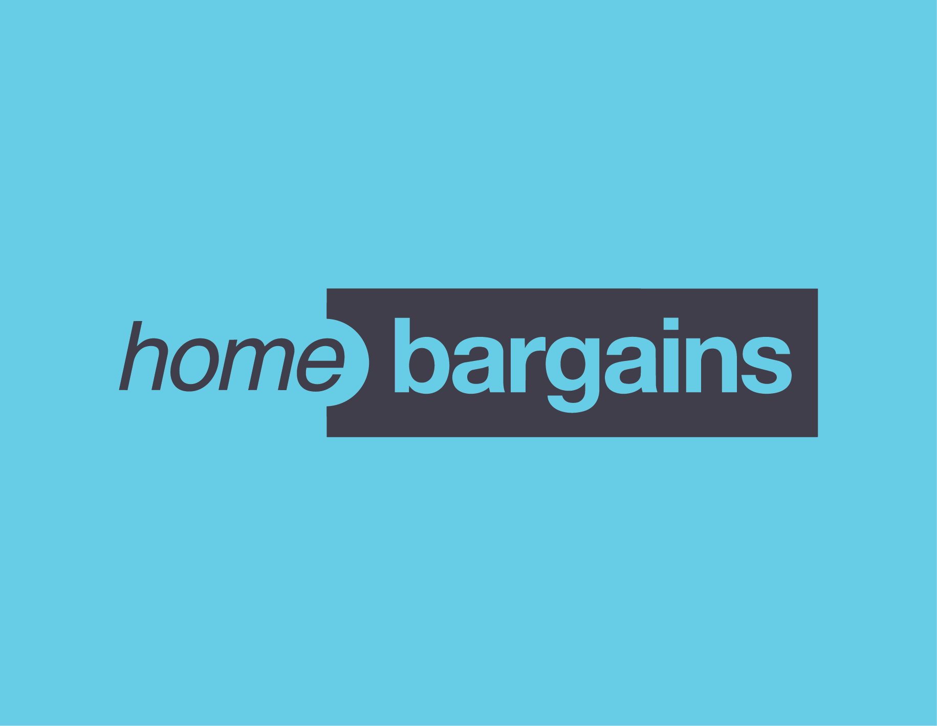 Logo for Home Bargains featuring the company name in blue letters on a black background with a light blue background.