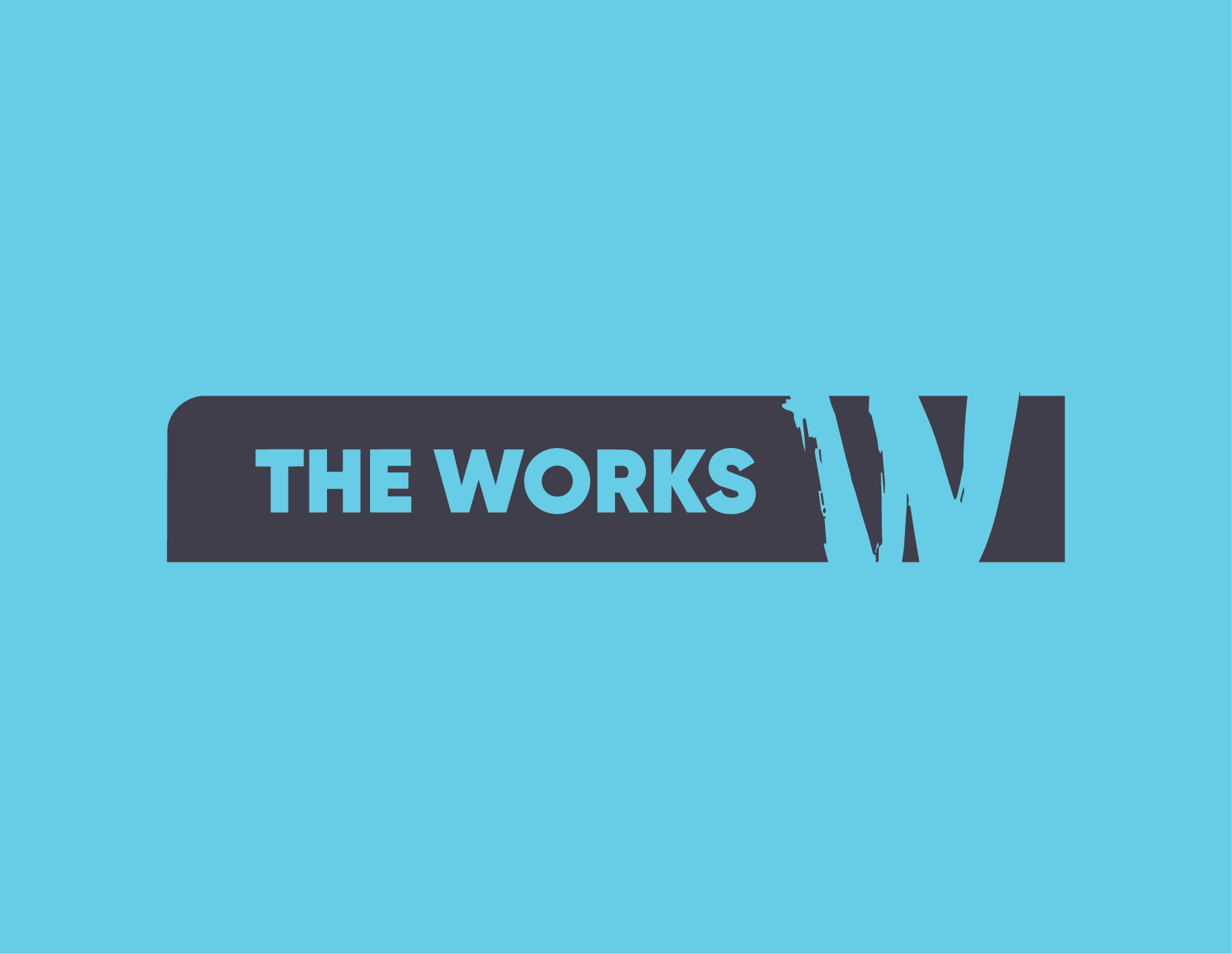Partial logo with the text "THE WORKS" in blue on a black background, with the larger letter "W" visible on the right. The background is light blue.