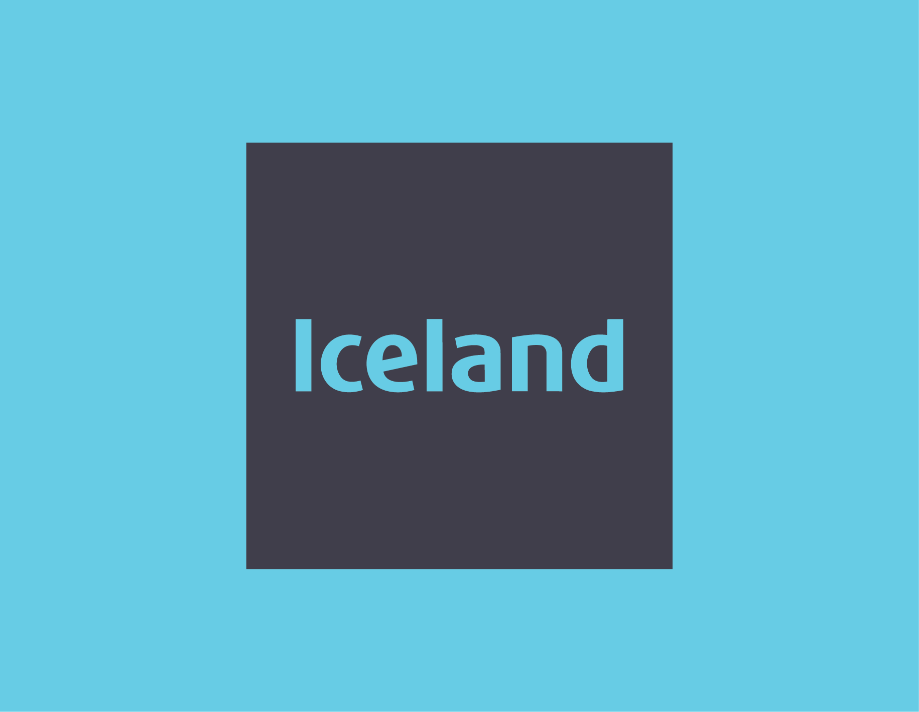A blue background with a black rectangle in the center containing the word 'Iceland' in light blue letters.