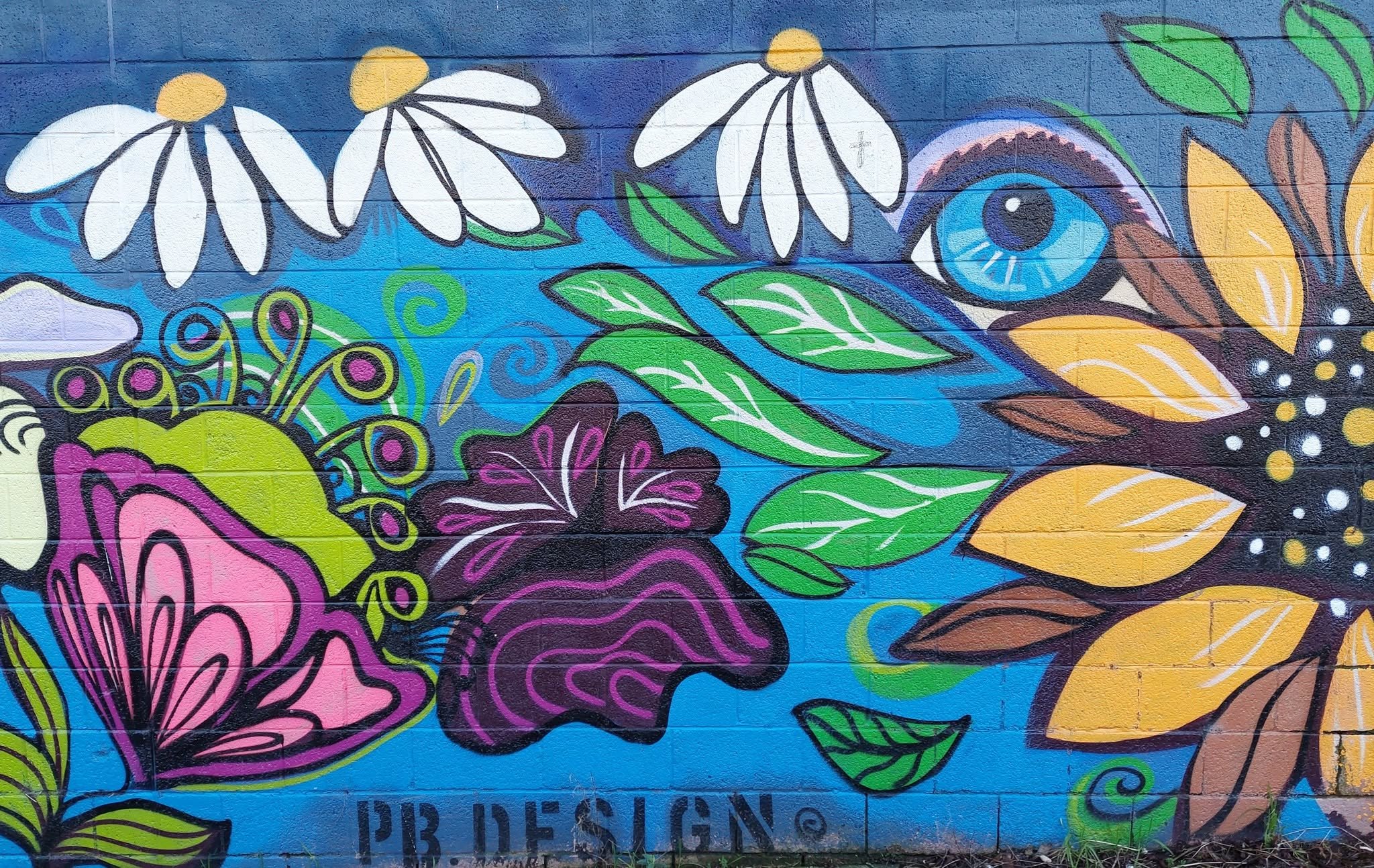 Colorful mural featuring white daisies with yellow centers, a large blue eye, purple and pink flowers, green leaves, and various decorative elements on a brick wall.