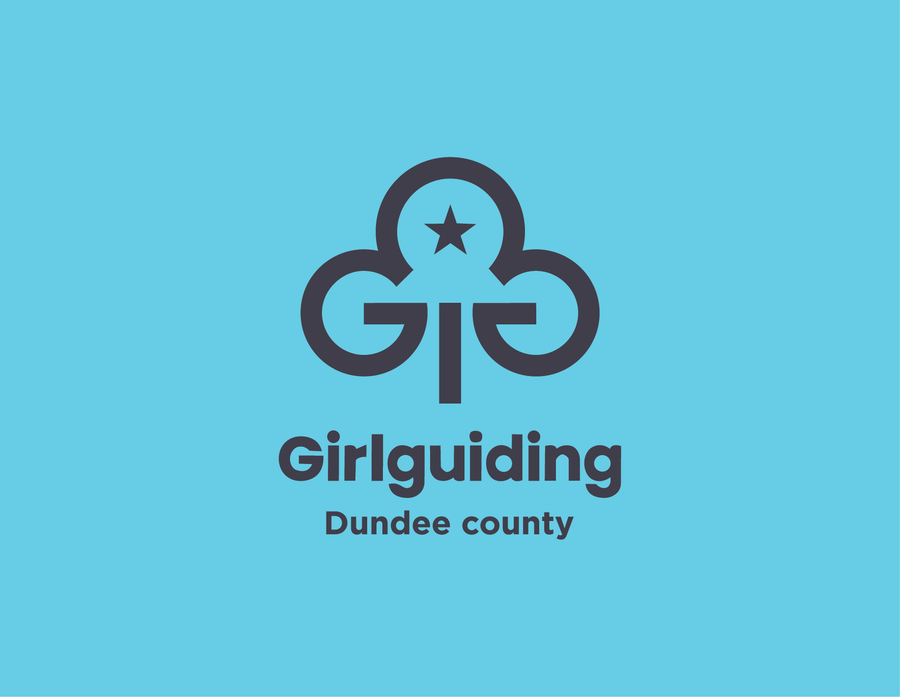 Girlguiding Dundee county logo on a light blue background, featuring a stylized trefoil with a star at its center, and text reading "Girlguiding Dundee county".