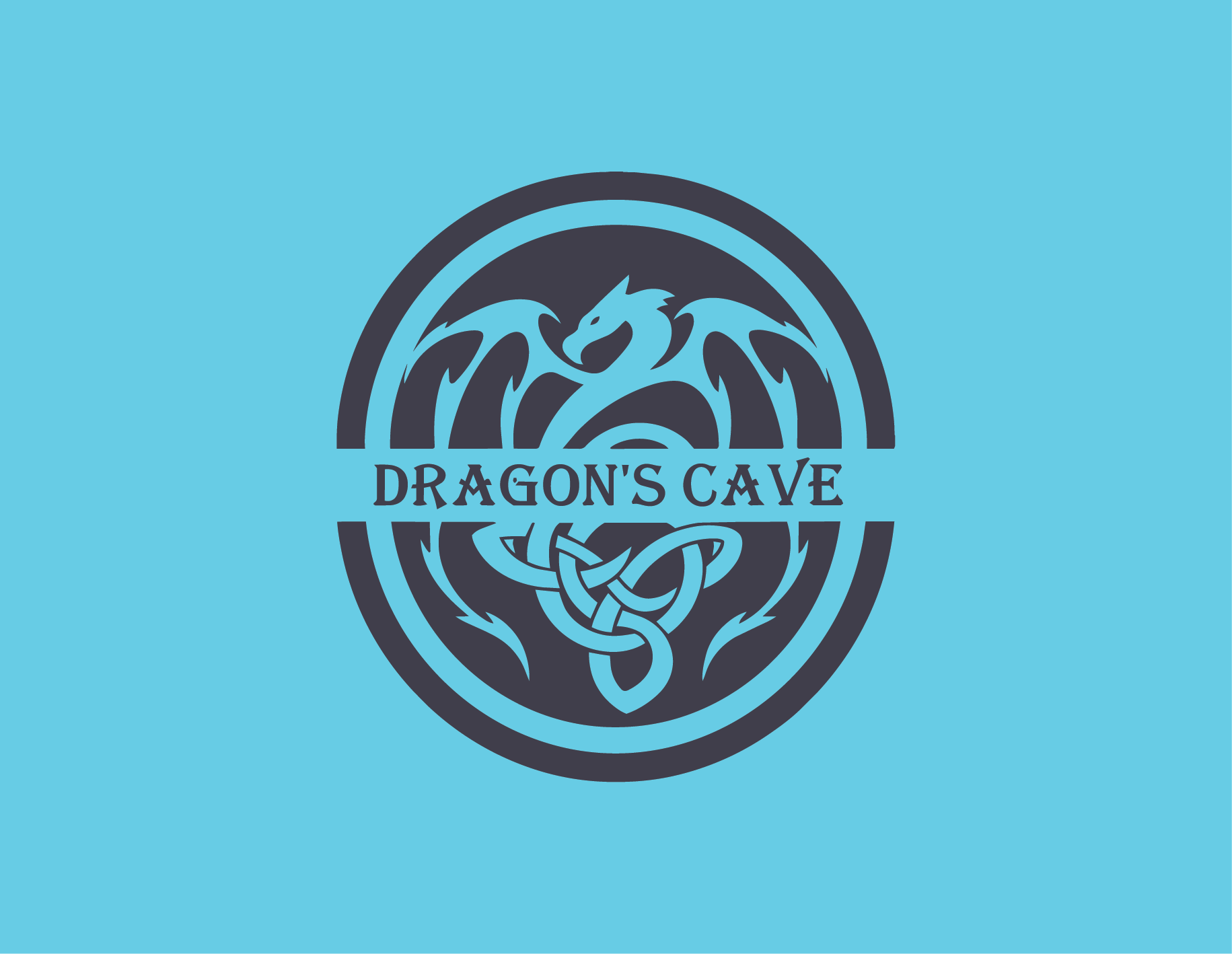 A circular emblem depicting a dragon's head with wings, surrounded by interlaced knotwork, with the text 'DRAGON'S CAVE' beneath it, set against a aqua blue background.