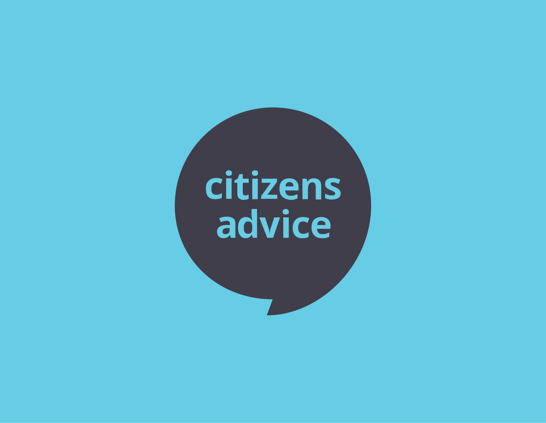 Blue background with a dark speech bubble containing the words "citizens advice" in light blue text.