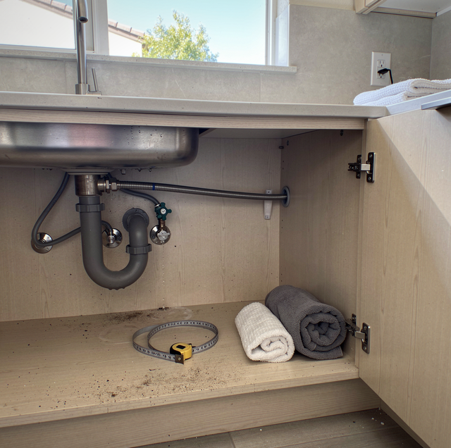 sink cabinet tape measure beside garbage disposal