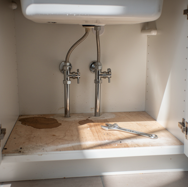 Under-sink cabinet showing two metal pipes with handles, flexible hoses, and a wrench on wooden base with a hole.