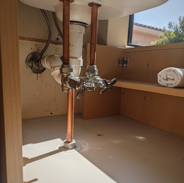 plumber tightening new chrome angle stop valves under sink